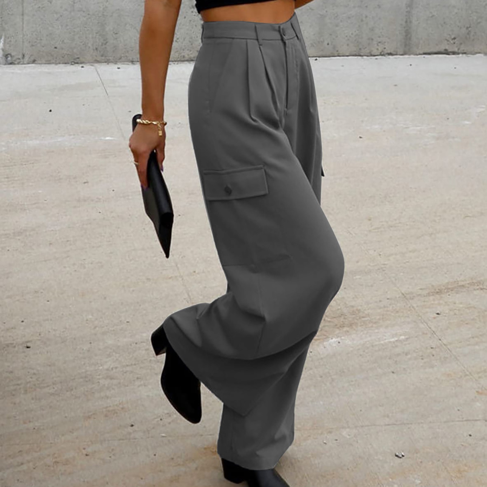 thumbnail image 4 of Pantalones cargo anchos lisos para mujer: cintura elástica, corte holgado, tejido de poliéster, adorno de botones, aptos para primavera/verano/otoño, ropa informal y para actividades al aire libre, 4 of 8